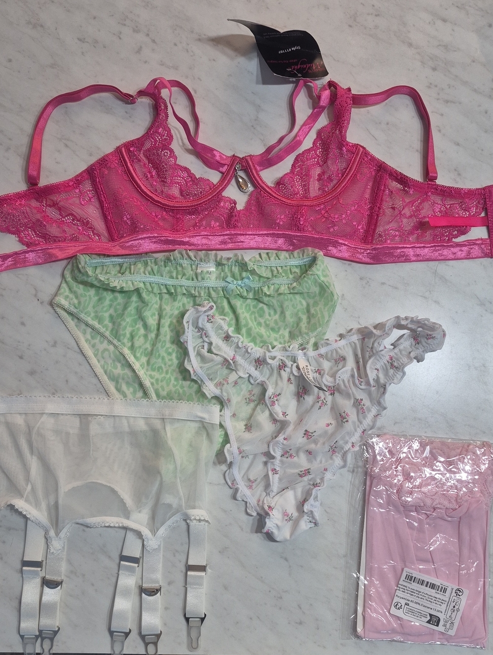 Sheer Lace Underwire Bralette - Hot Pink , Set Of 2 Panties, Garter Belt